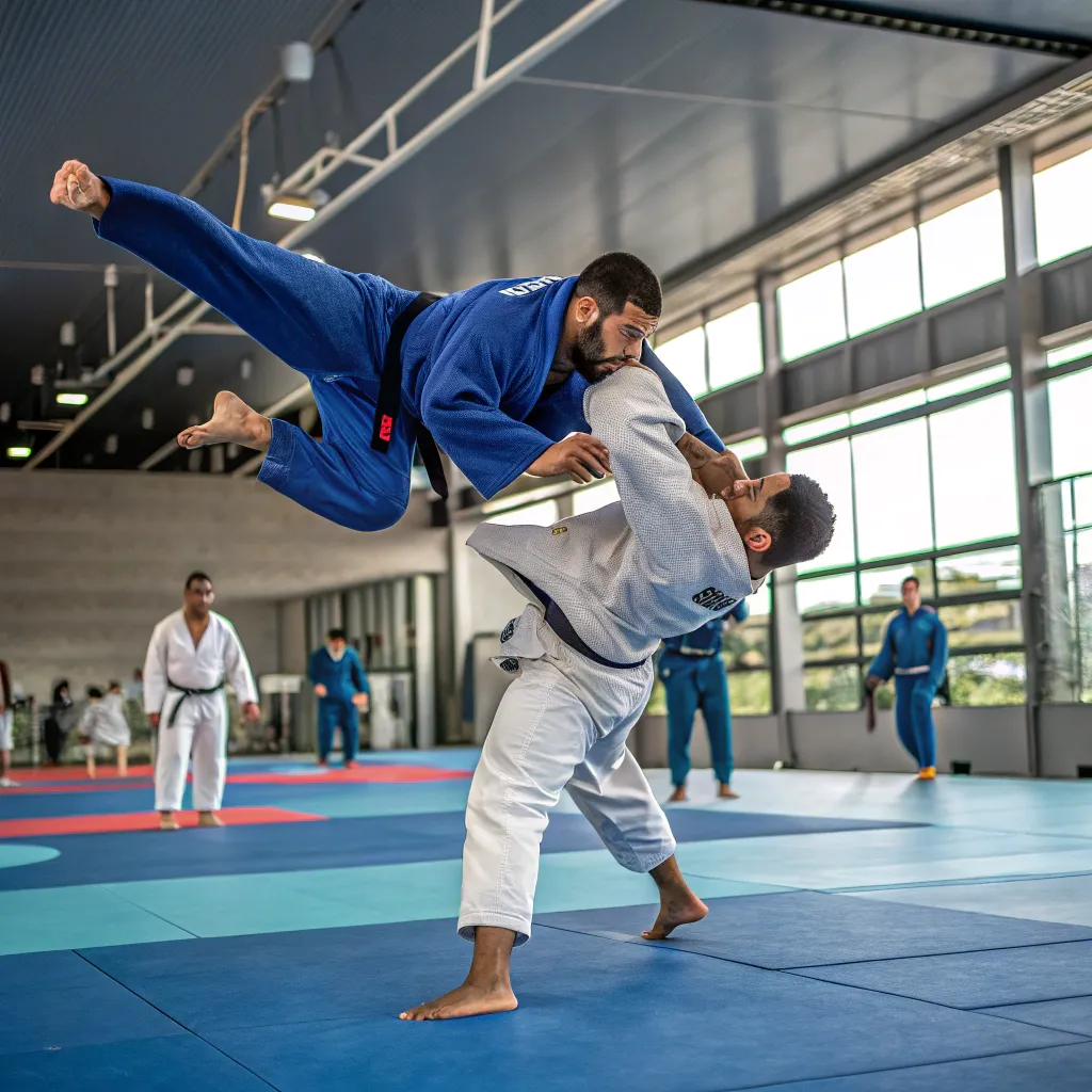 Strong judo move in training session
