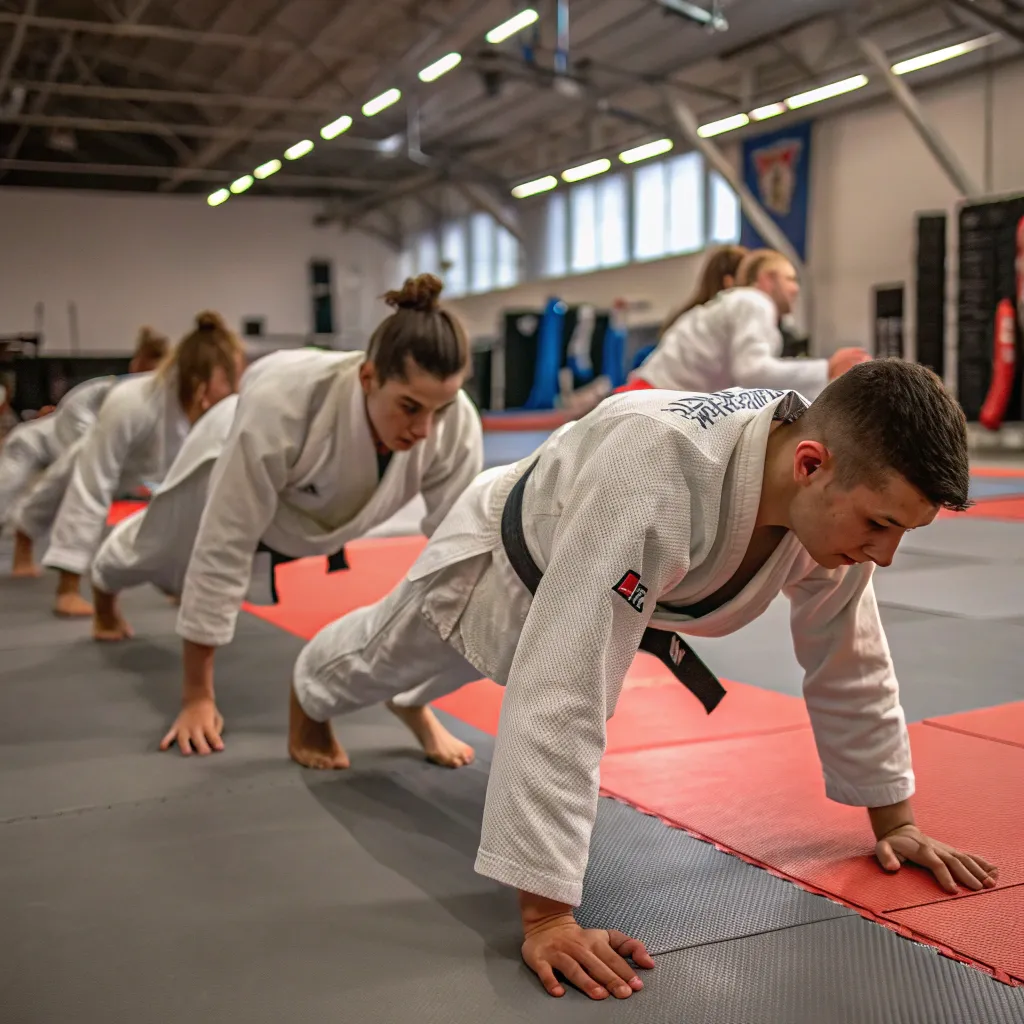 Judo students during a fitness workout