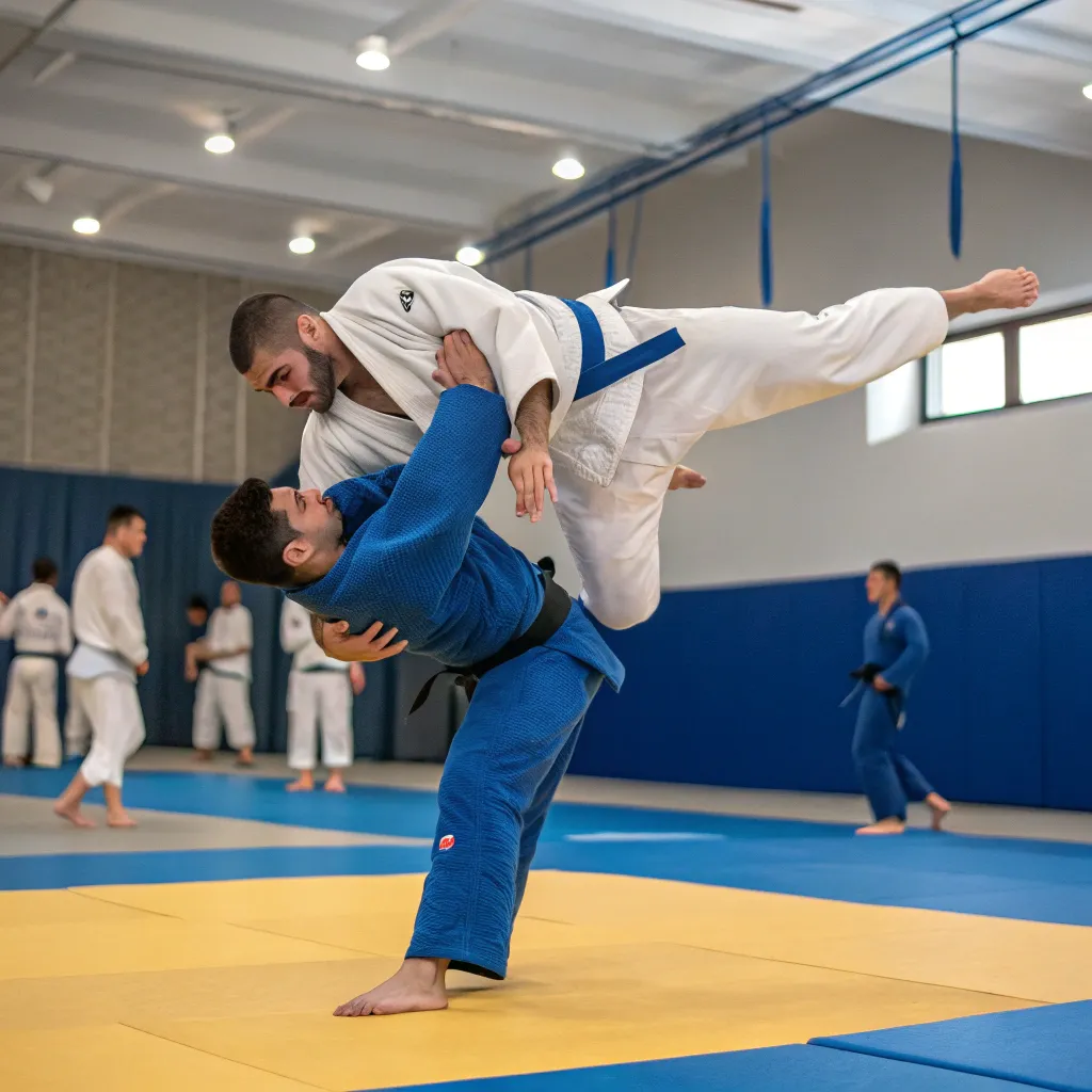 Judo practitioner executing a throw